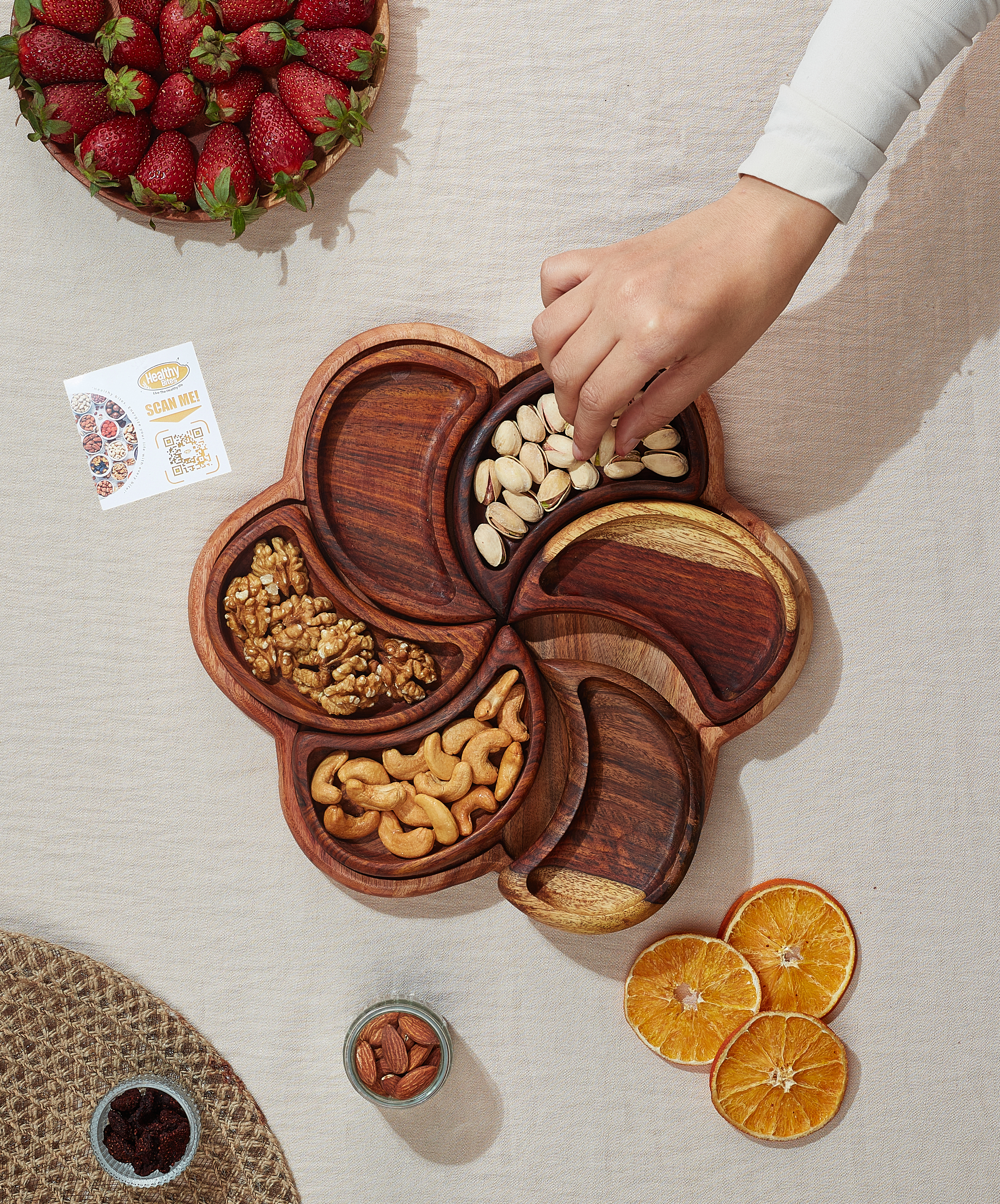 Natural Wooden Serving Tray with 6 Small Bowls